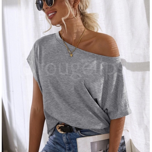 Rouge! Tops - Boat Neck Batwing Sleeve Grey Tee Shirt Short Sleeve